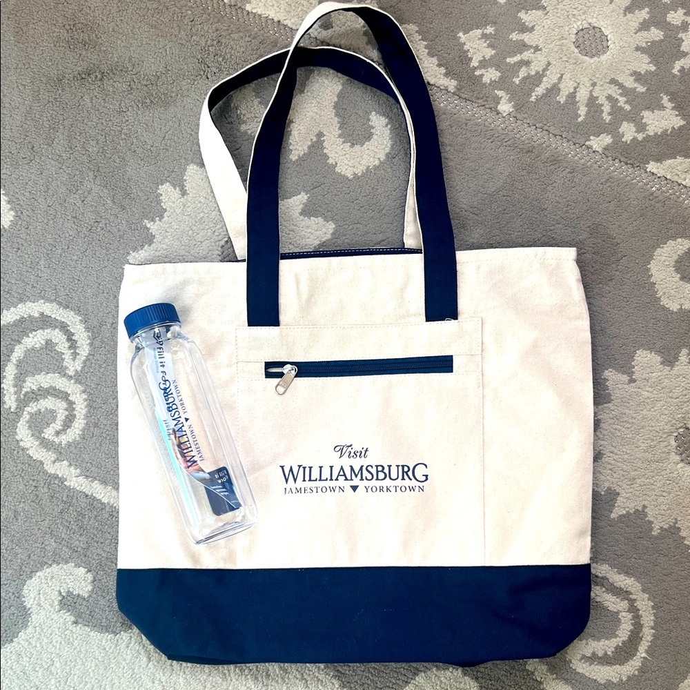 Williamsburg, VA Canvas Zippered Tote Bag with Visit Williamsburg Water Bottle